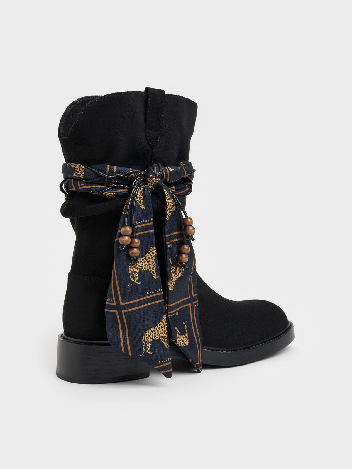 CHARLES & KEITH Best Seller / Faux Suede Printed-Scarf Calf Boots - Black Textured