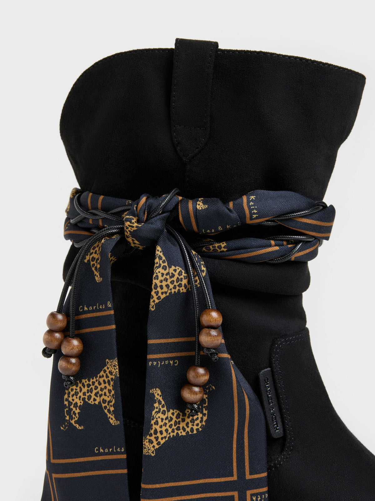 CHARLES & KEITH Best Seller / Faux Suede Printed-Scarf Calf Boots - Black Textured