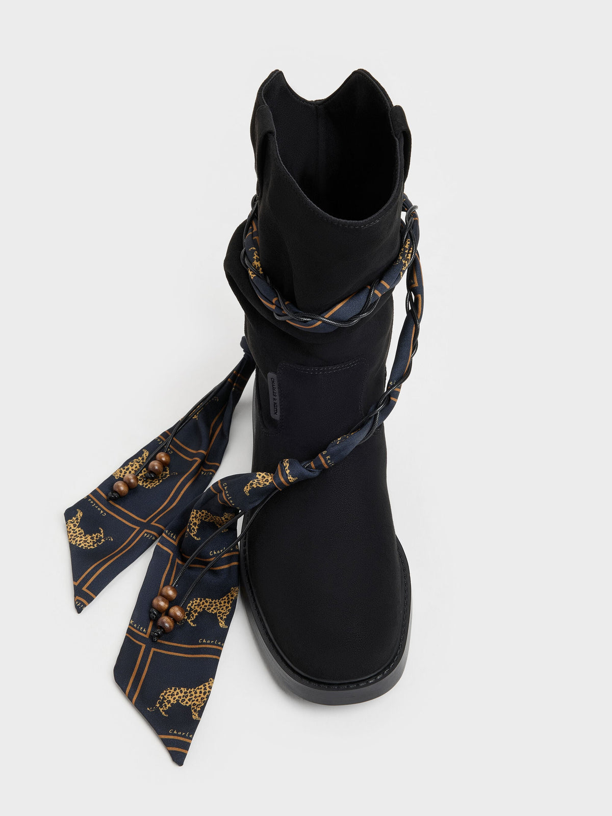 CHARLES & KEITH Best Seller / Faux Suede Printed-Scarf Calf Boots - Black Textured