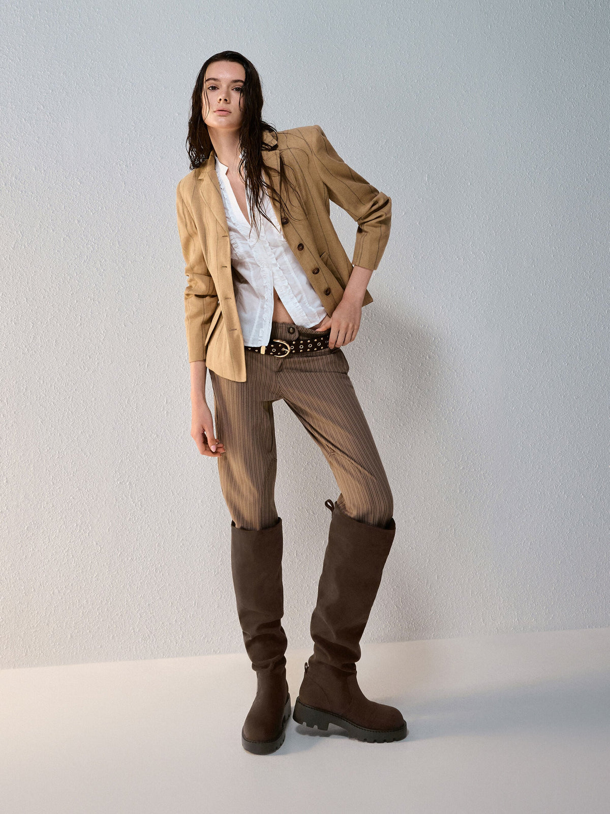 CHARLES & KEITH Value / Camilla Faux Suede Thigh-High Boots - Dark Brown Textured