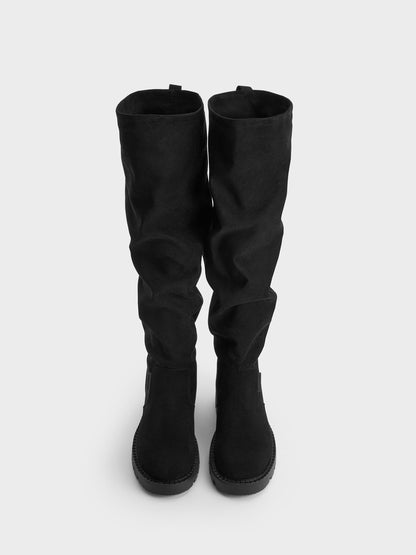CHARLES & KEITH Essential / Camilla Faux Suede Thigh-High Boots - Black Textured