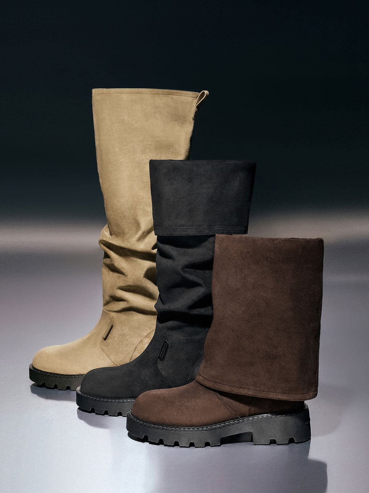 CHARLES & KEITH Essential / Camilla Faux Suede Thigh-High Boots - Black Textured