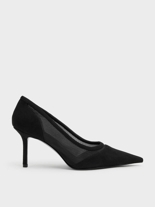 CHARLES & KEITH Signature / Faux Suede & Mesh Pointed Pumps - Black Textured