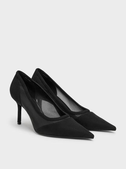CHARLES & KEITH Signature / Faux Suede & Mesh Pointed Pumps - Black Textured