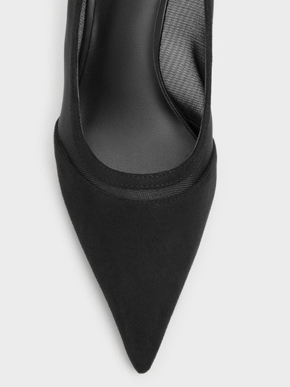 CHARLES & KEITH Signature / Faux Suede & Mesh Pointed Pumps - Black Textured