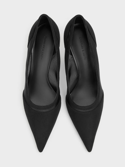 CHARLES & KEITH Signature / Faux Suede & Mesh Pointed Pumps - Black Textured