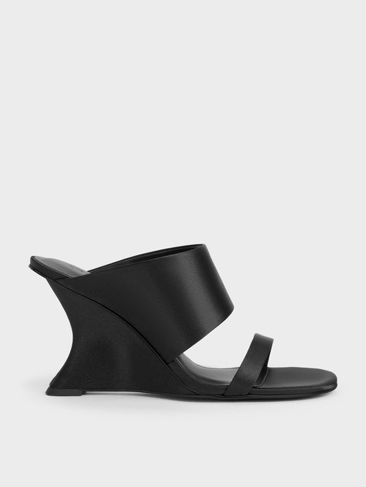 CHARLES & KEITH Customer Favorite / Satin Double-Strap Wedge Mules - Black Textured