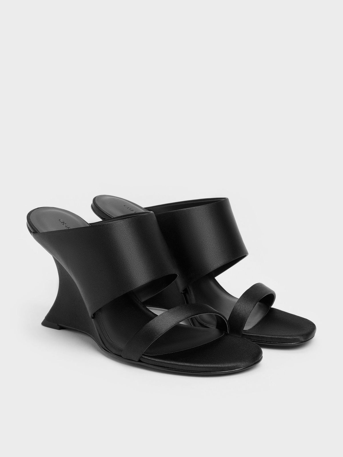 CHARLES & KEITH Customer Favorite / Satin Double-Strap Wedge Mules - Black Textured