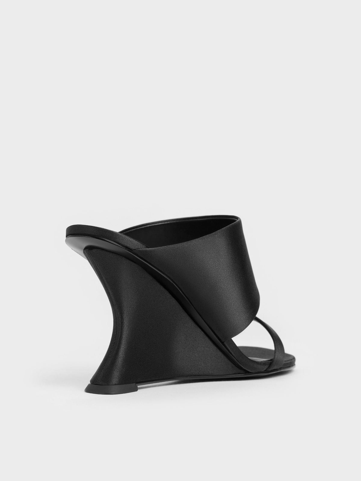CHARLES & KEITH Customer Favorite / Satin Double-Strap Wedge Mules - Black Textured
