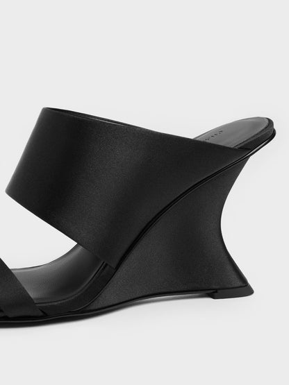 CHARLES & KEITH Customer Favorite / Satin Double-Strap Wedge Mules - Black Textured