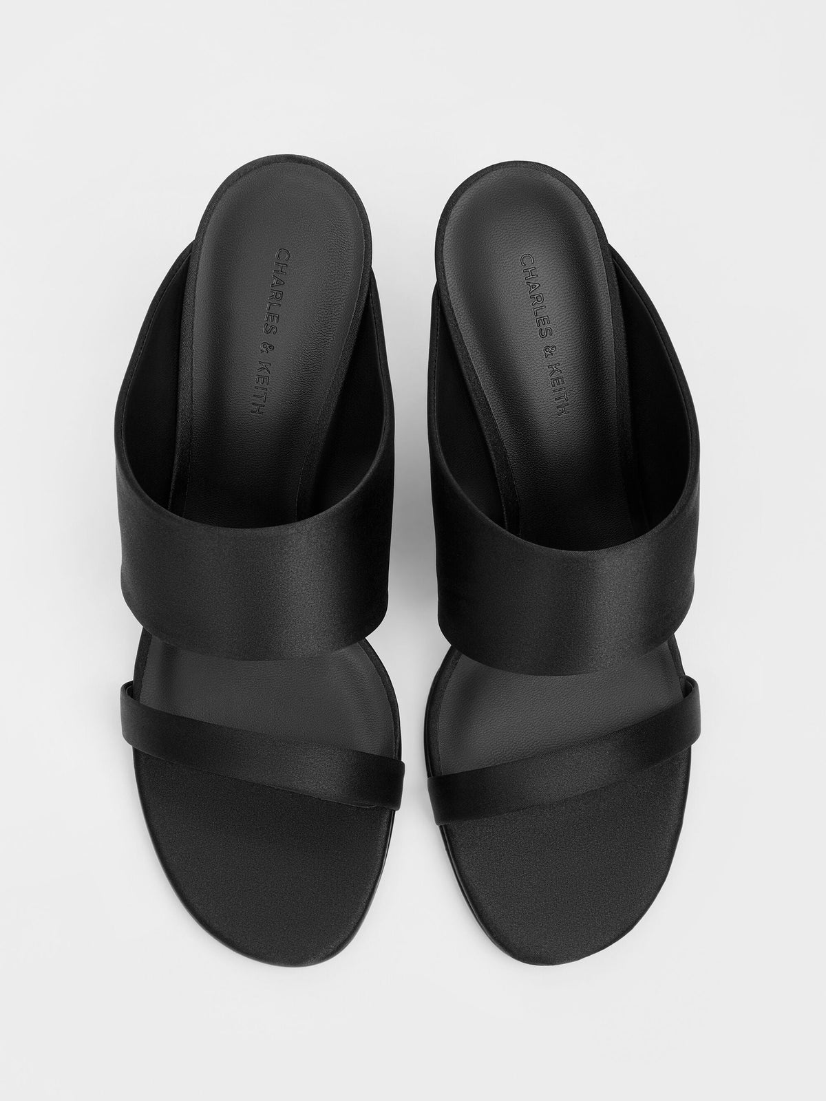 CHARLES & KEITH Customer Favorite / Satin Double-Strap Wedge Mules - Black Textured