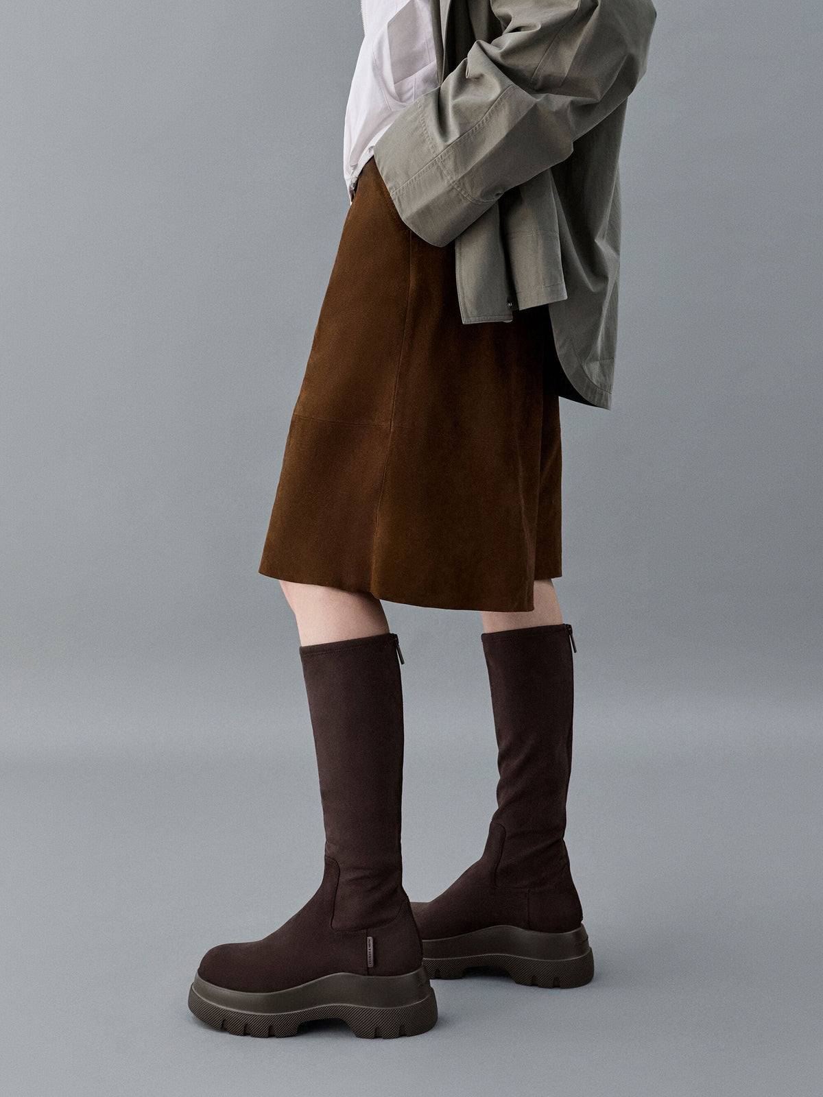 CHARLES & KEITH Hot Sale / Leoi Faux Suede Chunky Knee-High Boots - Dark Brown Textured