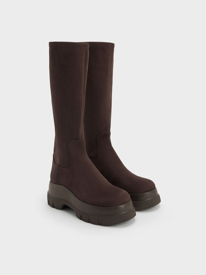 CHARLES & KEITH Hot Sale / Leoi Faux Suede Chunky Knee-High Boots - Dark Brown Textured