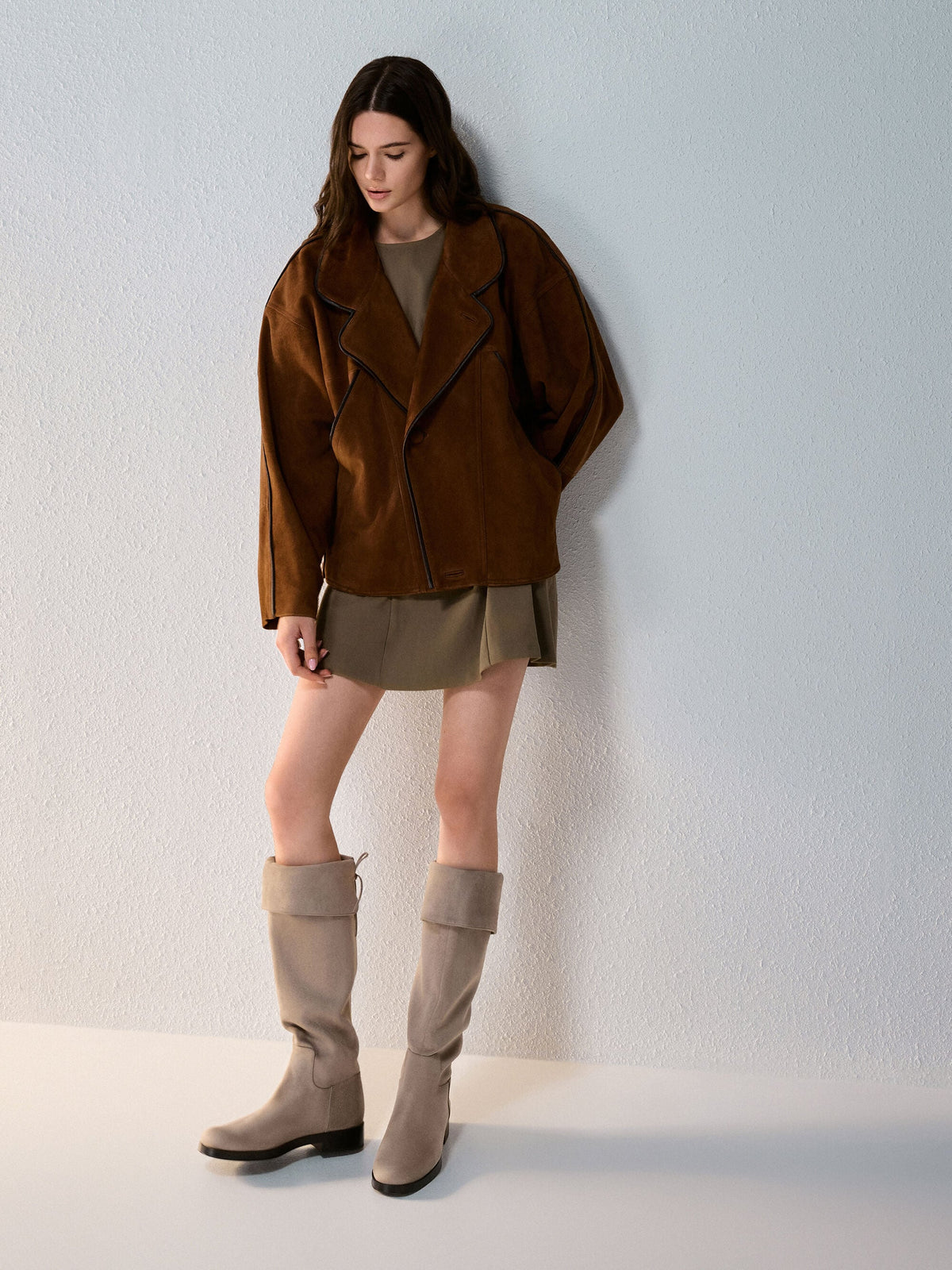 CHARLES & KEITH Trusted / Louisa Faux Suede Fold-Over Thigh-High Boots - Taupe