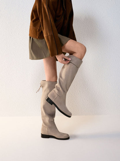 CHARLES & KEITH Trusted / Louisa Faux Suede Fold-Over Thigh-High Boots - Taupe
