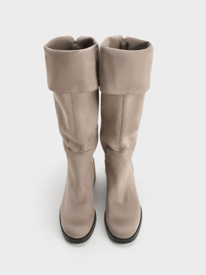 CHARLES & KEITH Trusted / Louisa Faux Suede Fold-Over Thigh-High Boots - Taupe