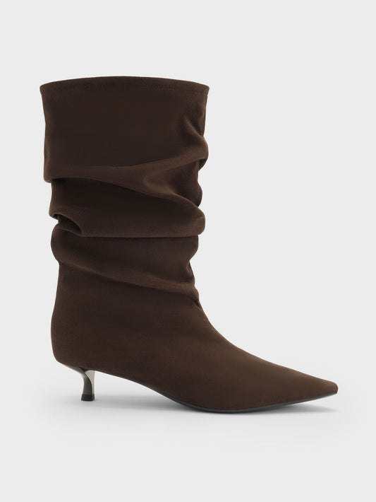 CHARLES & KEITH Essential / Faux Suede Ruched Kitten-Heel Calf Boots - Dark Brown Textured