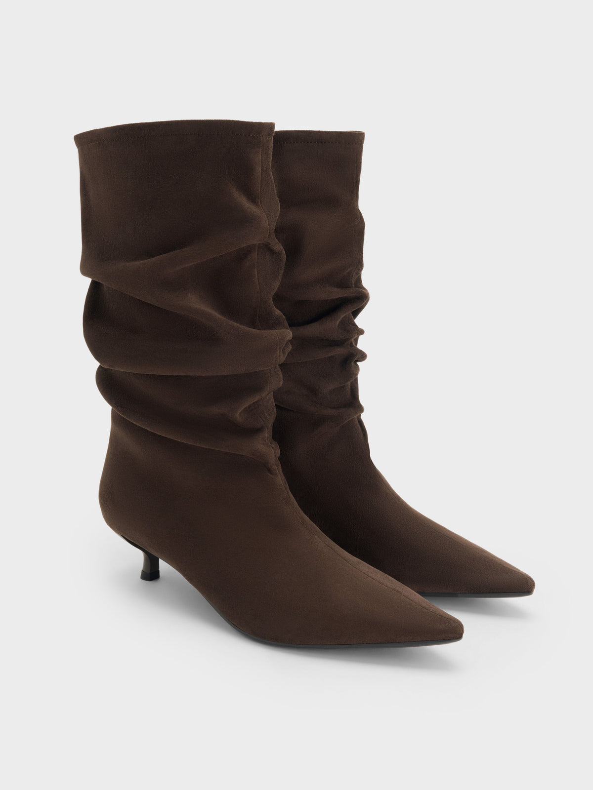CHARLES & KEITH Essential / Faux Suede Ruched Kitten-Heel Calf Boots - Dark Brown Textured