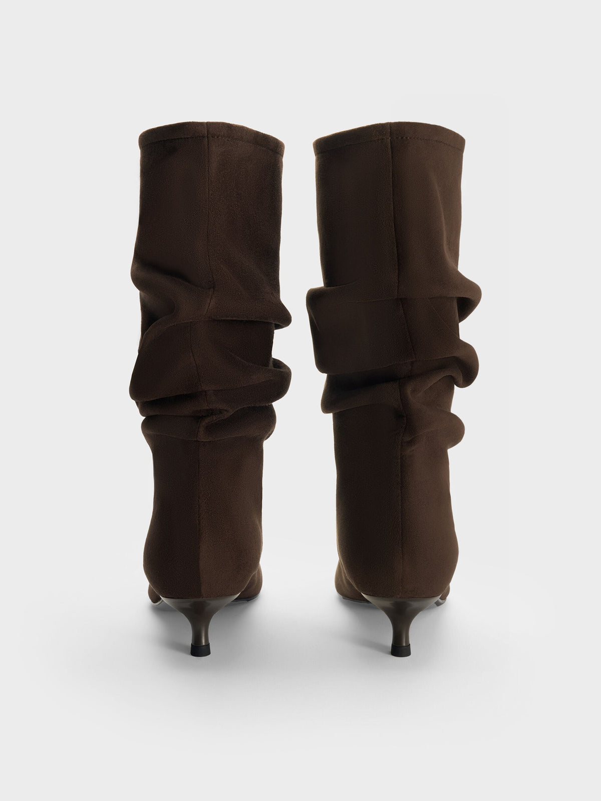 CHARLES & KEITH Essential / Faux Suede Ruched Kitten-Heel Calf Boots - Dark Brown Textured