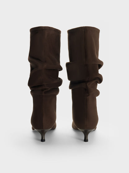 CHARLES & KEITH Essential / Faux Suede Ruched Kitten-Heel Calf Boots - Dark Brown Textured