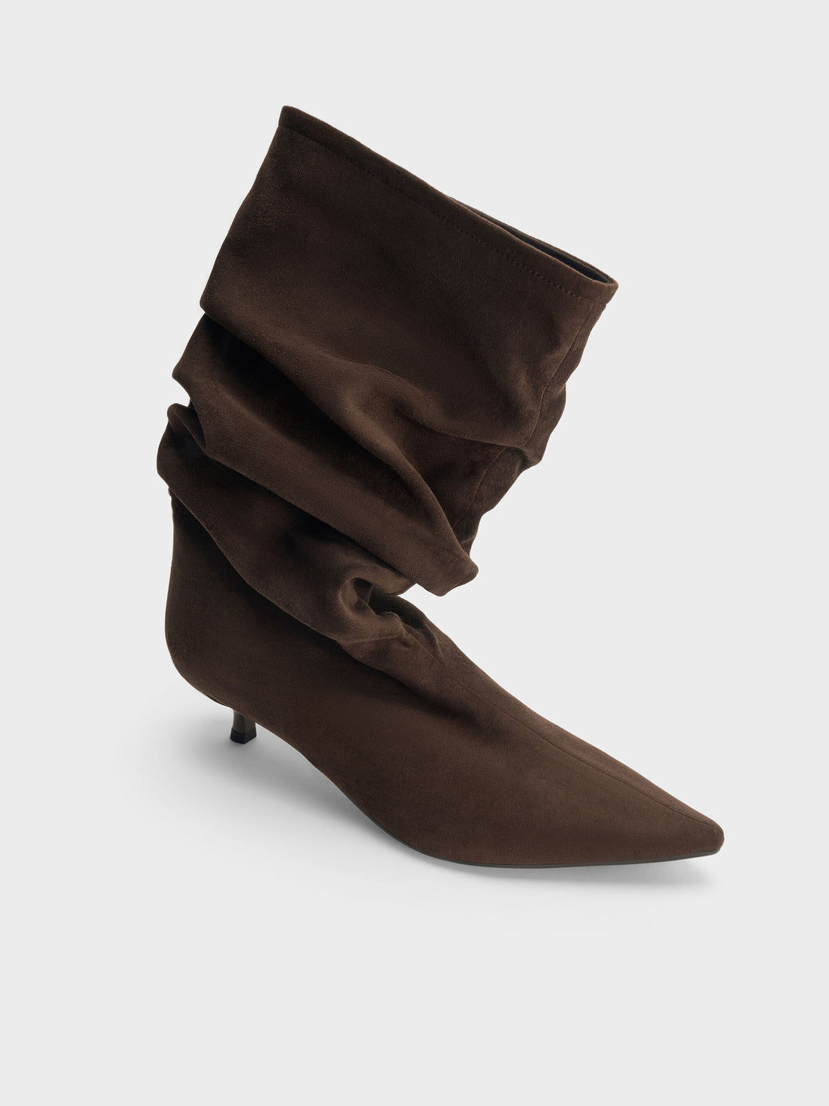 CHARLES & KEITH Essential / Faux Suede Ruched Kitten-Heel Calf Boots - Dark Brown Textured