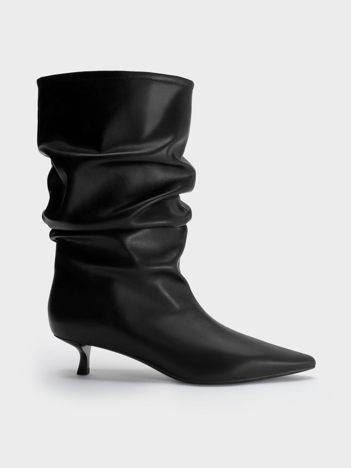 CHARLES & KEITH Popular / Ruched Kitten-Heel Calf Boots - Black