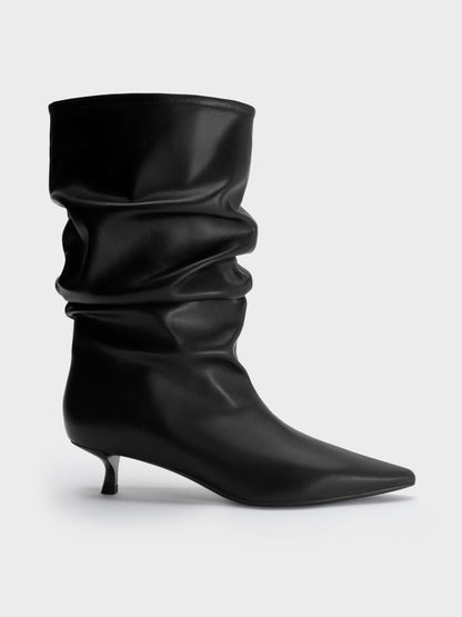 CHARLES & KEITH Popular / Ruched Kitten-Heel Calf Boots - Black