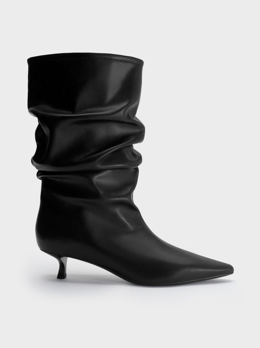 CHARLES & KEITH Popular / Ruched Kitten-Heel Calf Boots - Black