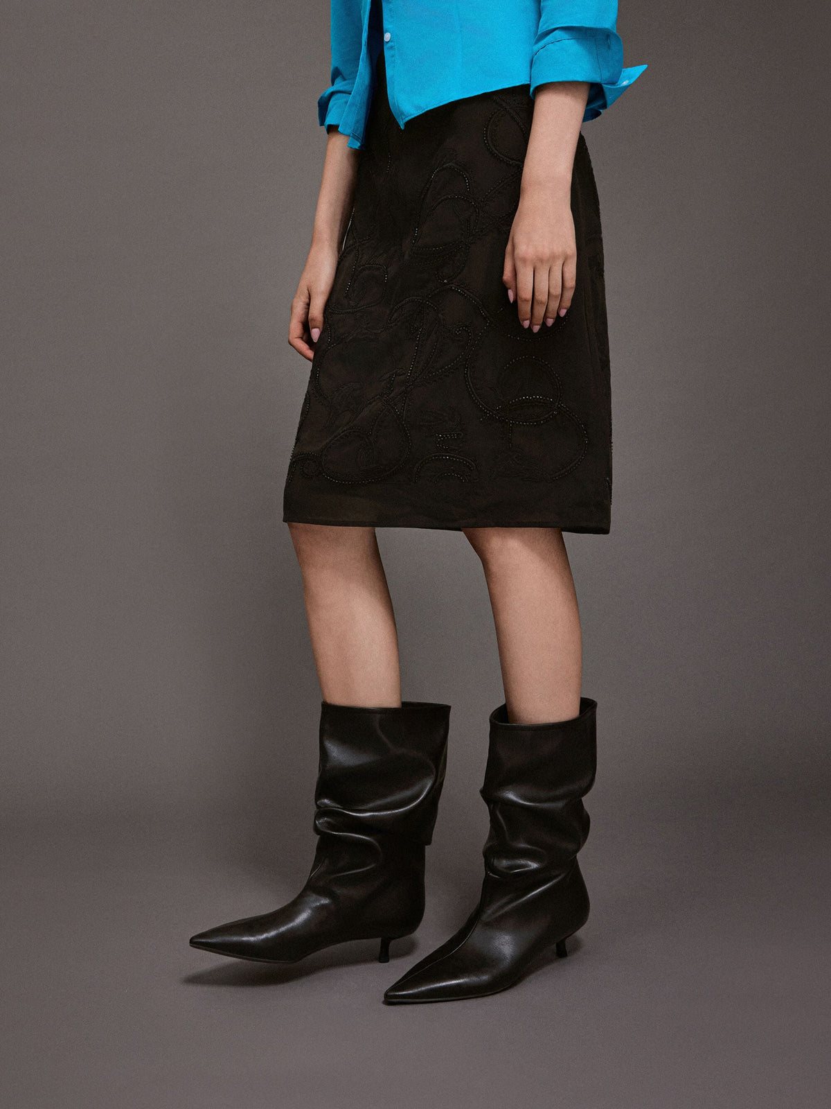 CHARLES & KEITH Popular / Ruched Kitten-Heel Calf Boots - Black