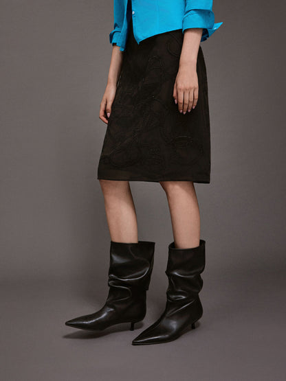 CHARLES & KEITH Popular / Ruched Kitten-Heel Calf Boots - Black