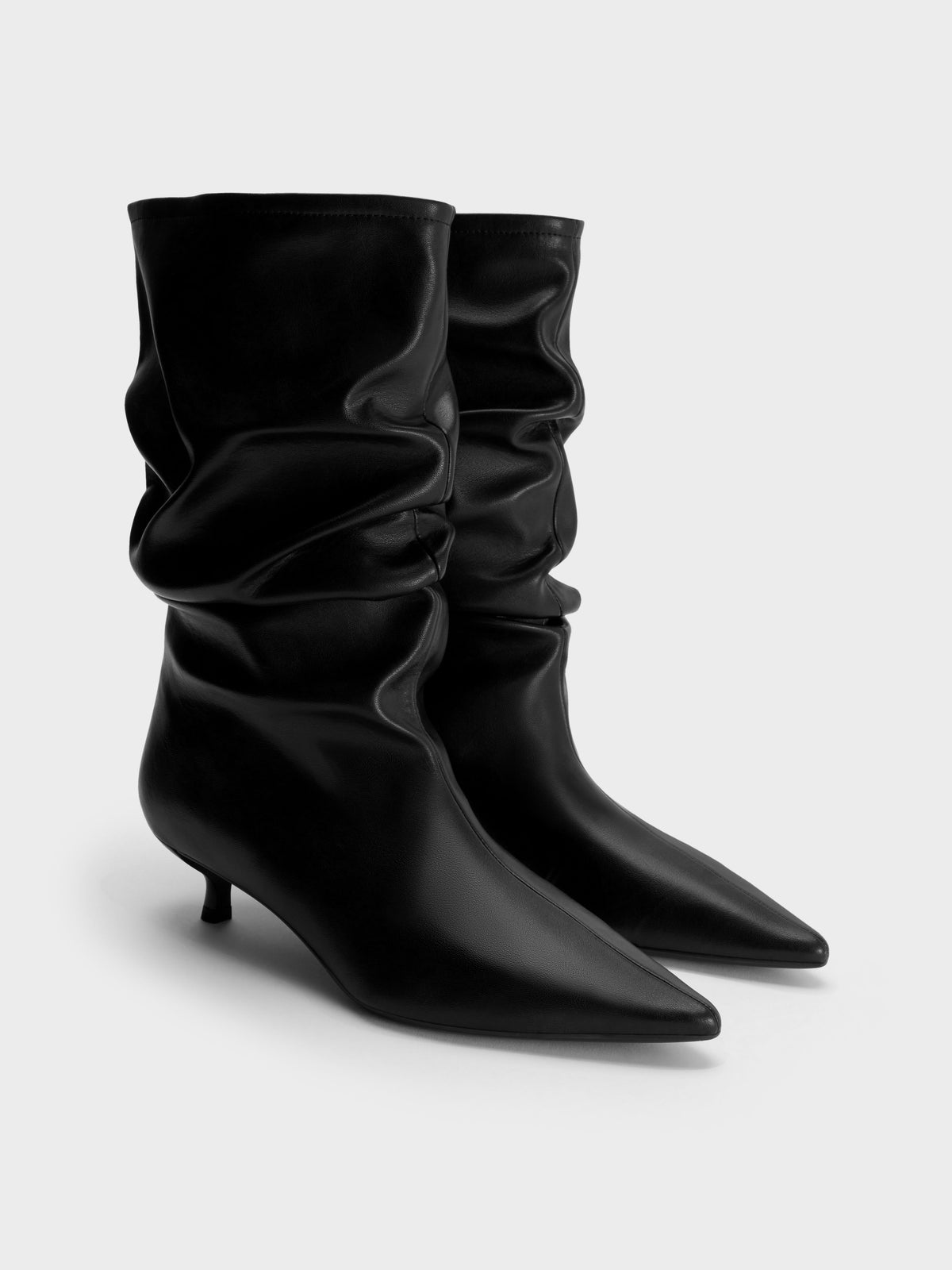 CHARLES & KEITH Popular / Ruched Kitten-Heel Calf Boots - Black