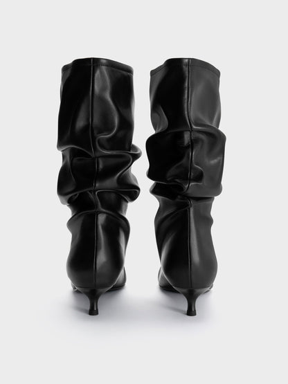 CHARLES & KEITH Popular / Ruched Kitten-Heel Calf Boots - Black