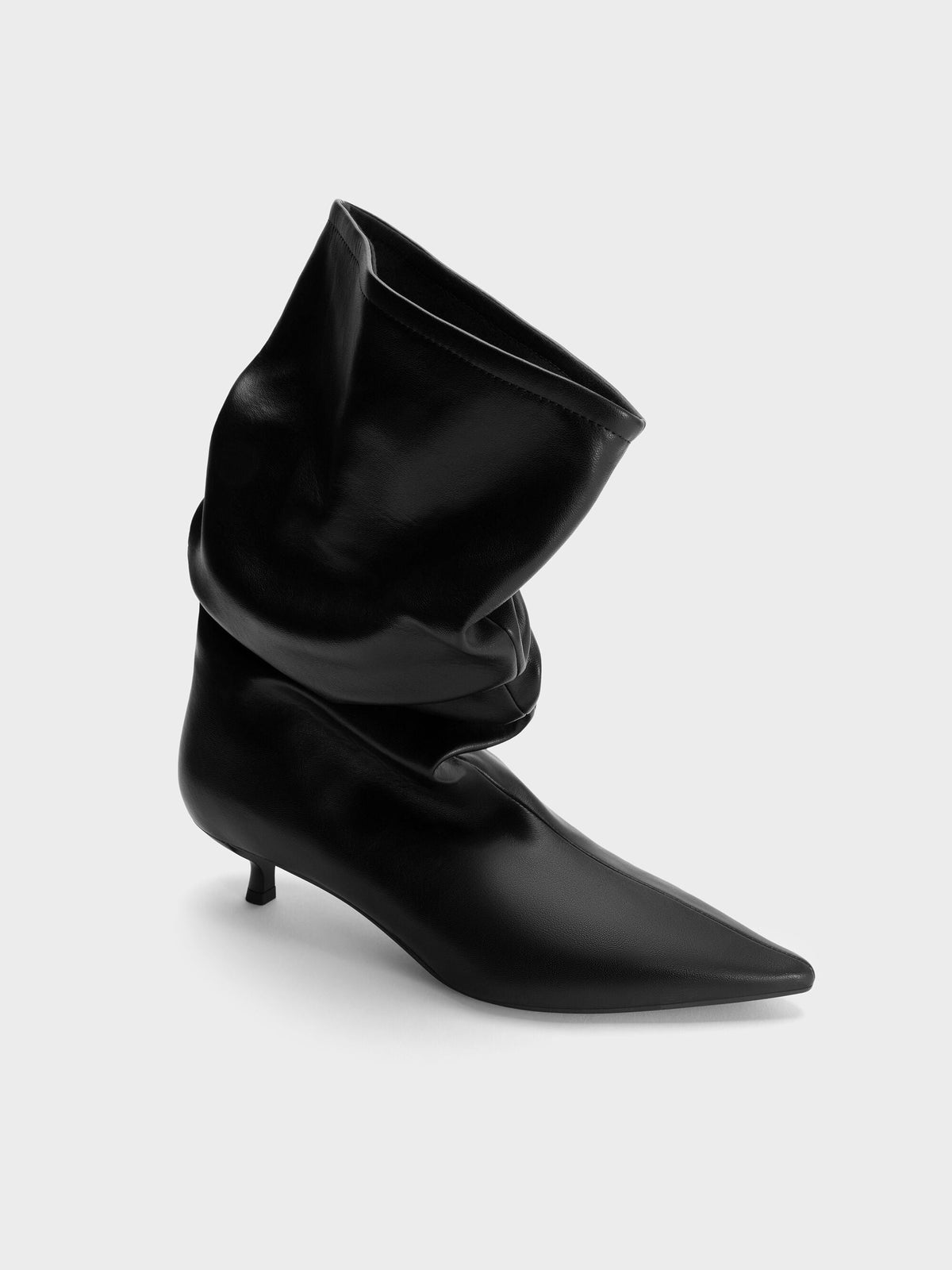 CHARLES & KEITH Popular / Ruched Kitten-Heel Calf Boots - Black