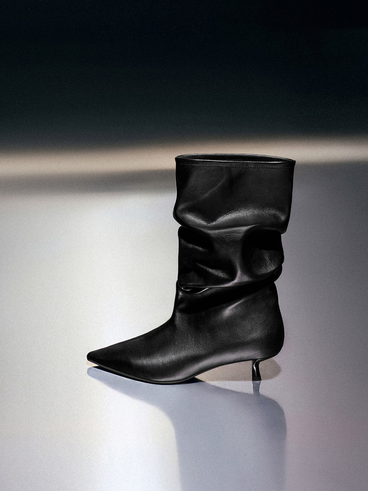 CHARLES & KEITH Popular / Ruched Kitten-Heel Calf Boots - Black