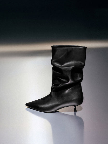 CHARLES & KEITH Popular / Ruched Kitten-Heel Calf Boots - Black