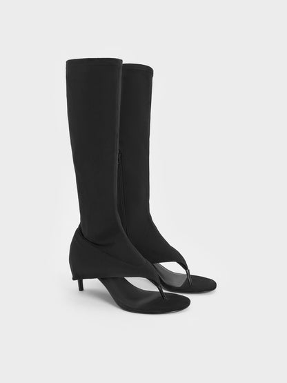 CHARLES & KEITH New / Aether Faux Suede Thong Boots - Black Textured