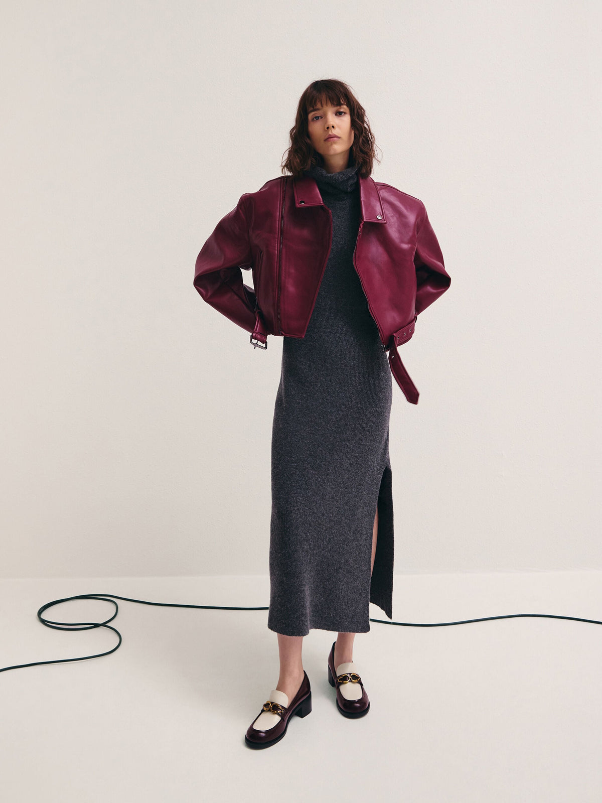 CHARLES & KEITH Trending / Two-Tone Metallic-Buckle Loafer Pumps - Burgundy