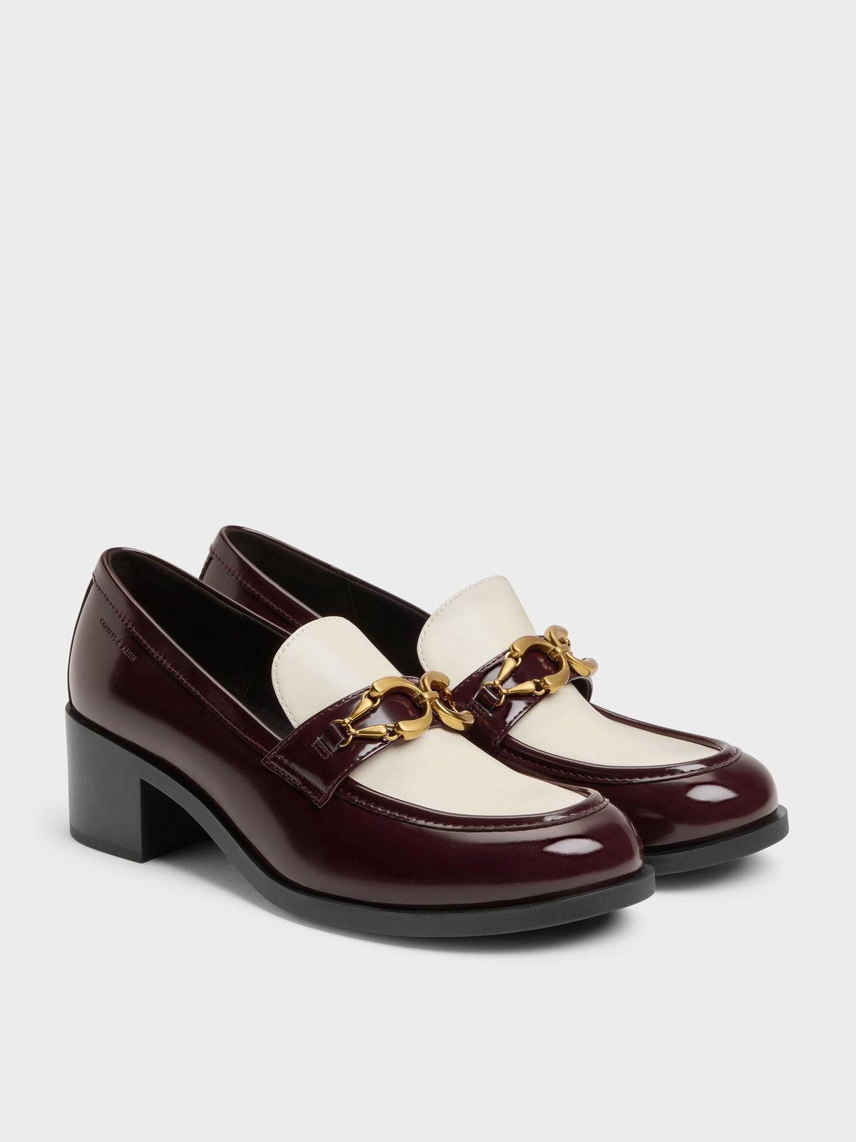 CHARLES & KEITH Trending / Two-Tone Metallic-Buckle Loafer Pumps - Burgundy