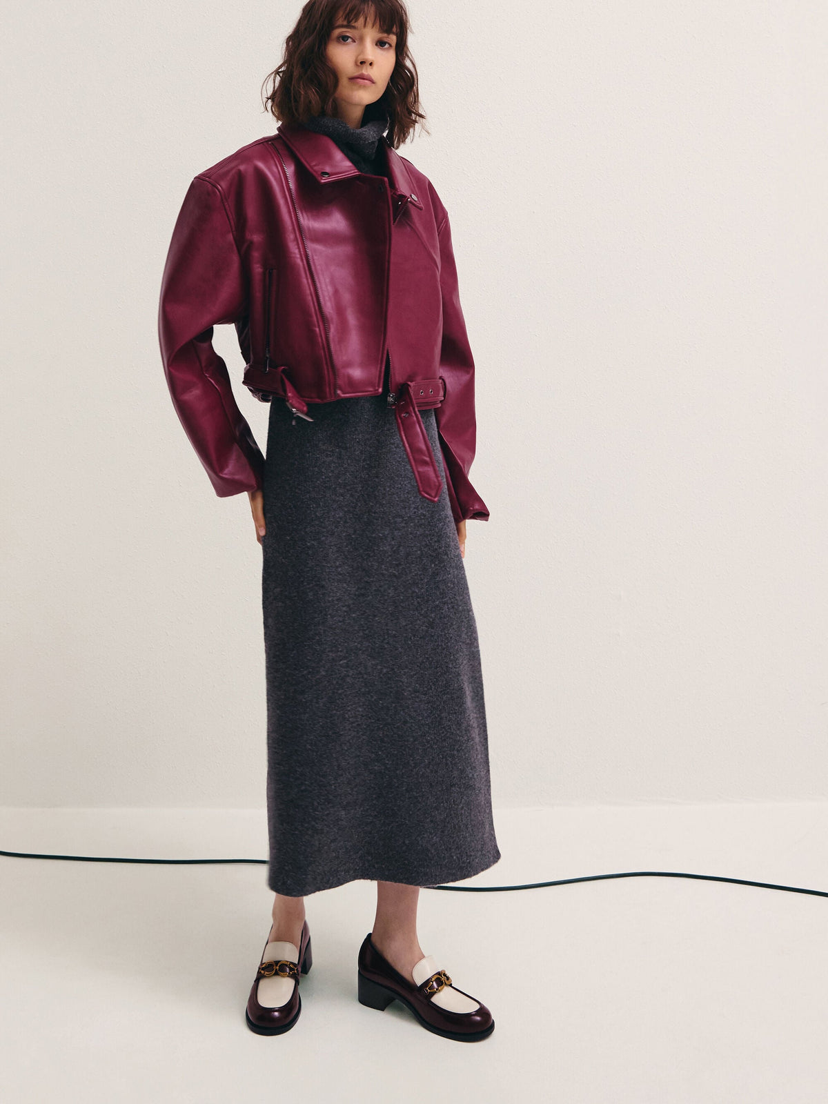 CHARLES & KEITH Trending / Two-Tone Metallic-Buckle Loafer Pumps - Burgundy