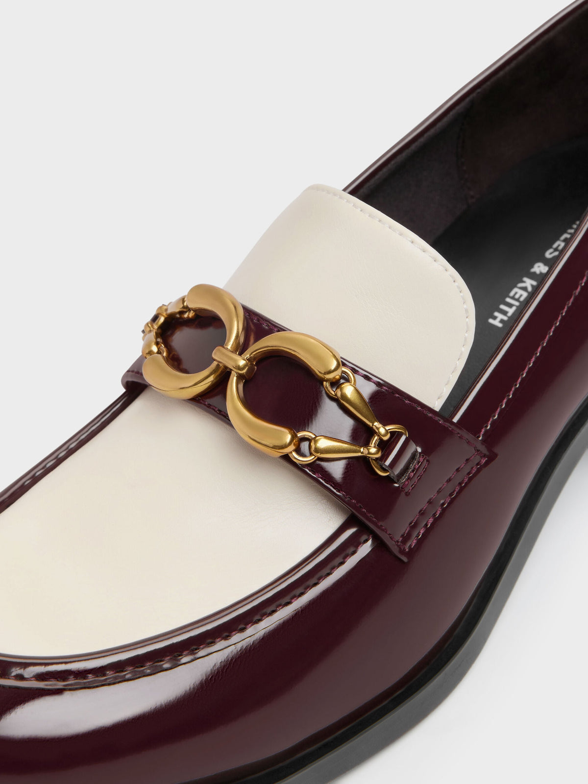 CHARLES & KEITH Trending / Two-Tone Metallic-Buckle Loafer Pumps - Burgundy