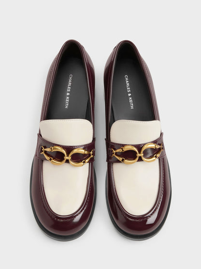 CHARLES & KEITH Trending / Two-Tone Metallic-Buckle Loafer Pumps - Burgundy