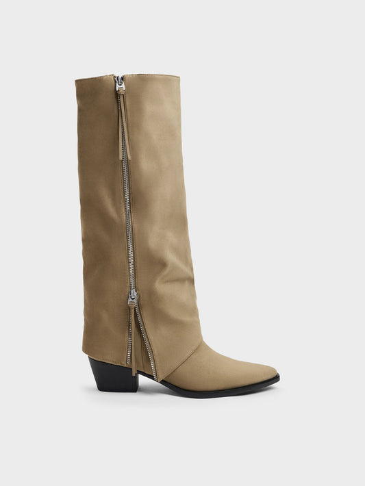 CHARLES & KEITH Premium / Aether Faux Suede Tassel-Zip Knee-High Boots - Khaki