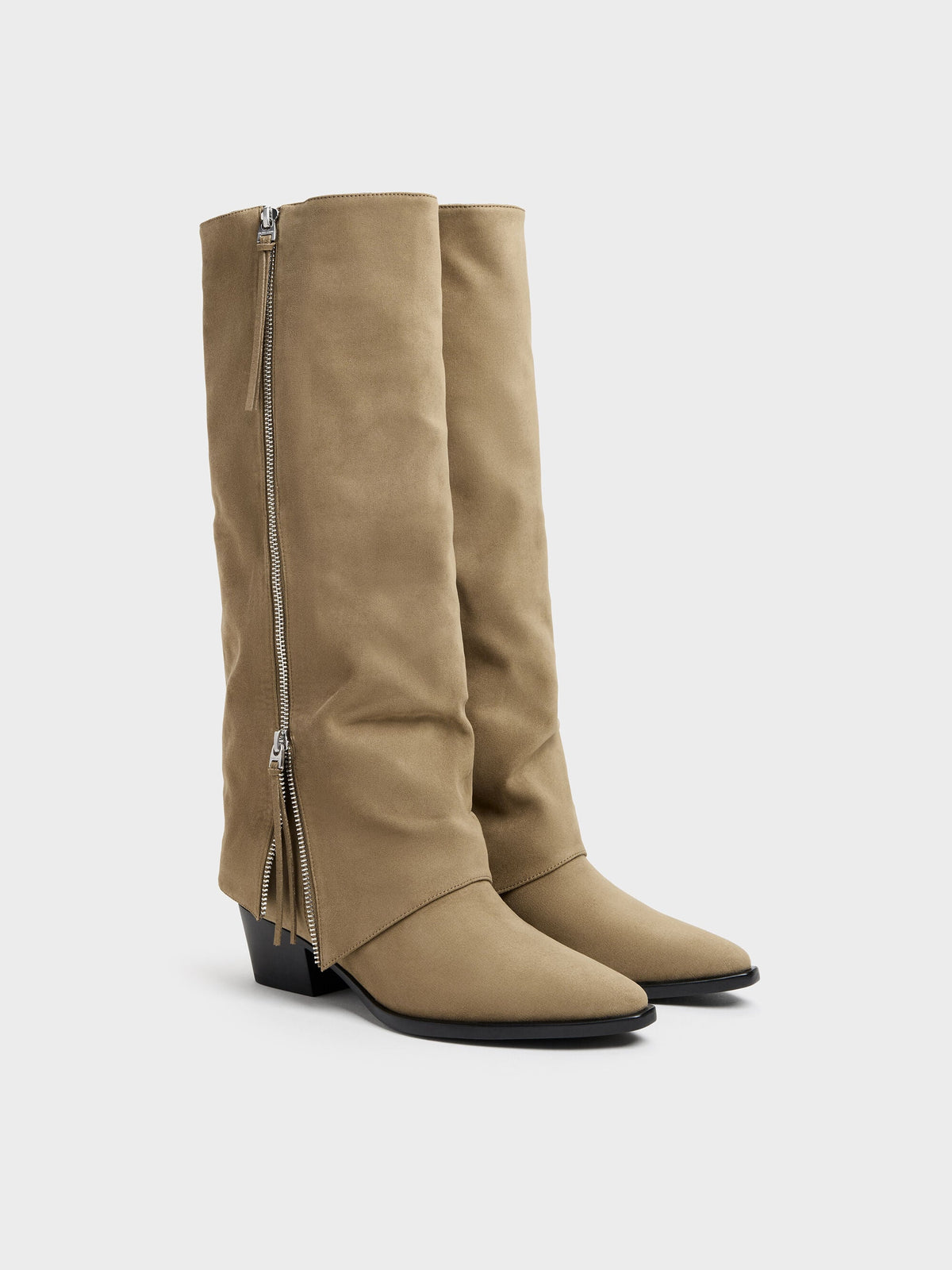 CHARLES & KEITH Premium / Aether Faux Suede Tassel-Zip Knee-High Boots - Khaki