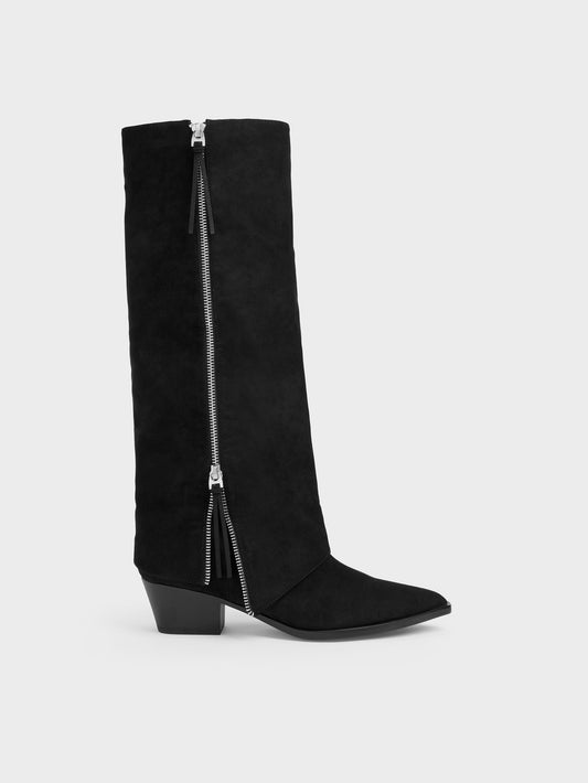 CHARLES & KEITH Featured / Aether Faux Suede Tassel-Zip Knee-High Boots - Black Textured