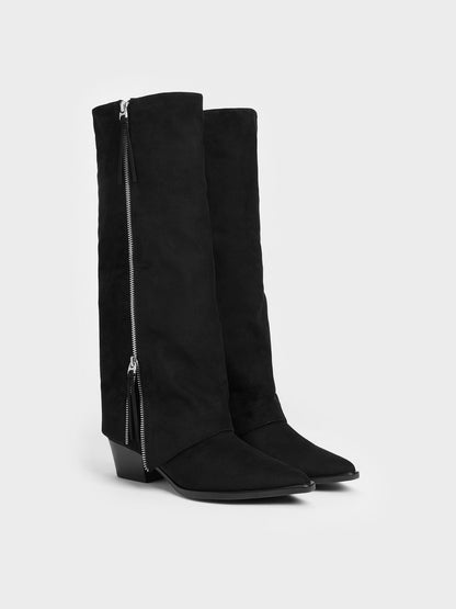 CHARLES & KEITH Featured / Aether Faux Suede Tassel-Zip Knee-High Boots - Black Textured