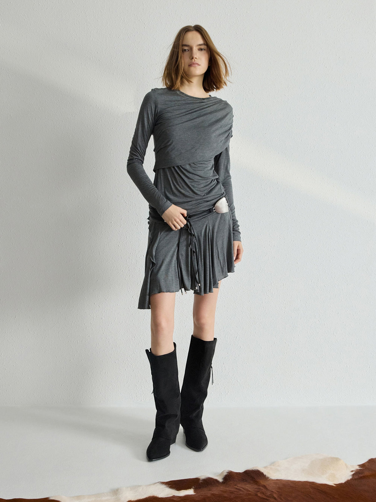 CHARLES & KEITH Featured / Aether Faux Suede Tassel-Zip Knee-High Boots - Black Textured