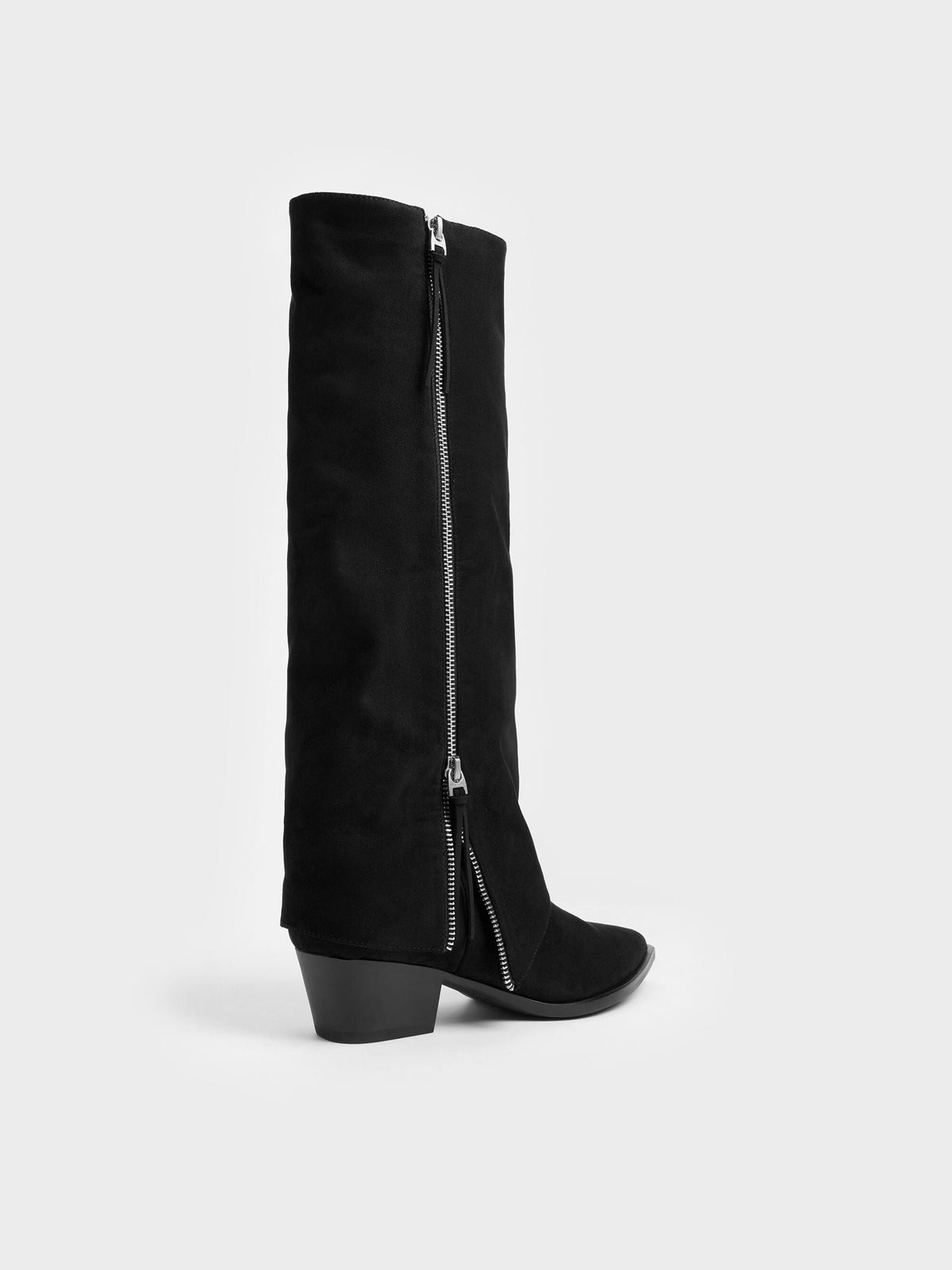 CHARLES & KEITH Featured / Aether Faux Suede Tassel-Zip Knee-High Boots - Black Textured