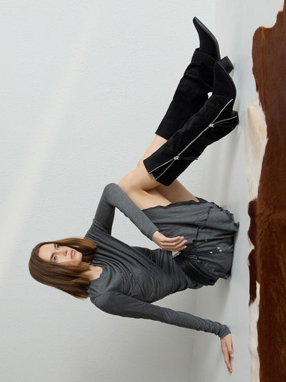 CHARLES & KEITH Featured / Aether Faux Suede Tassel-Zip Knee-High Boots - Black Textured