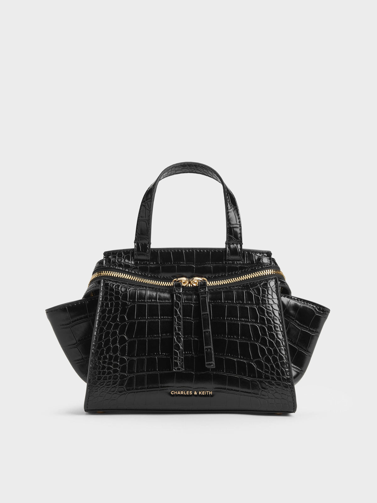 CHARLES & KEITH Essential / Pansy Trapeze Croc-Effect Top Handle Bag - Black