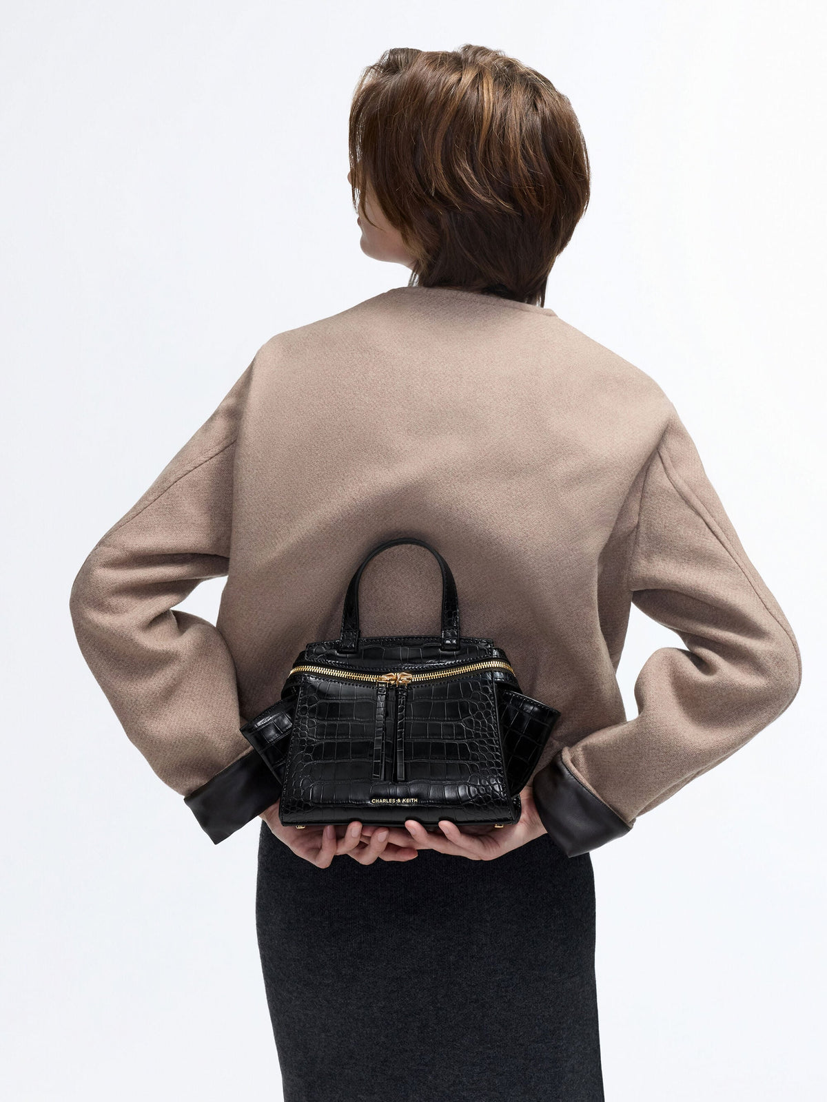 CHARLES & KEITH Essential / Pansy Trapeze Croc-Effect Top Handle Bag - Black